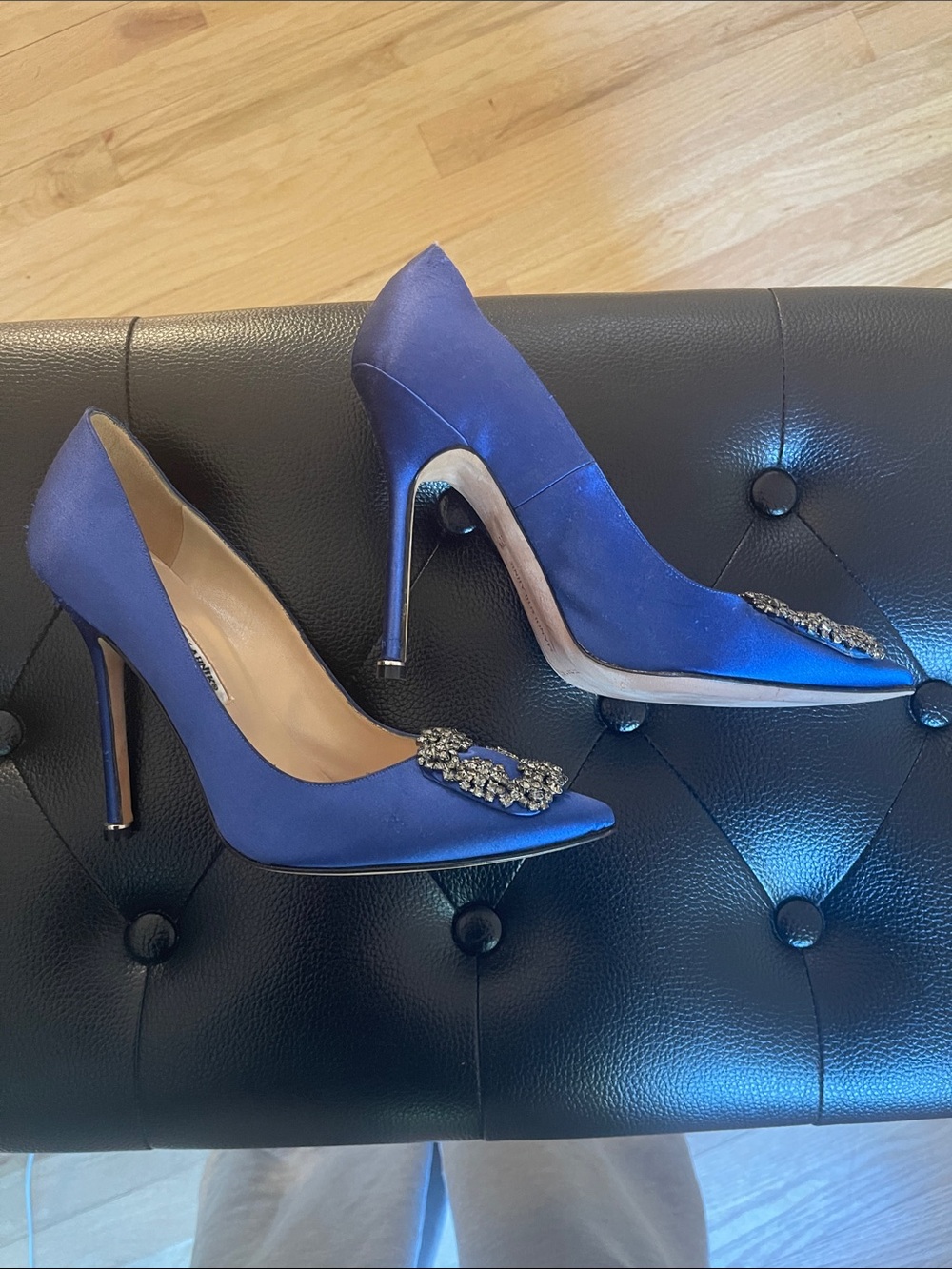 Manolo Blahnik Royal Blue Satin Pointed Toe Pumps with Crystal Buckle - Picture 7 of 11